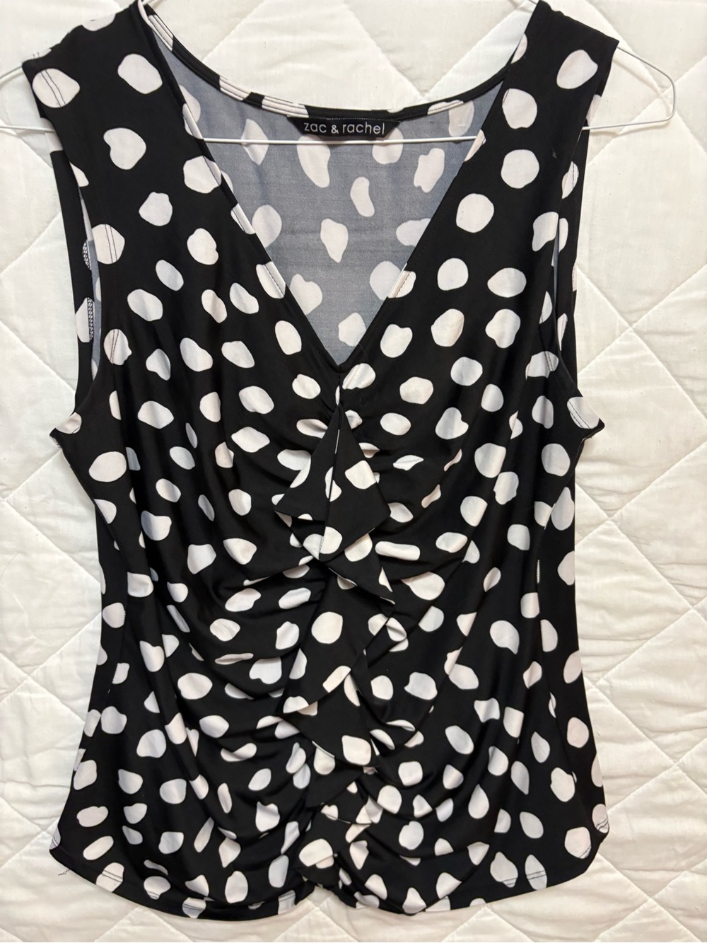 Zac & Rachel Black and White Polka Dot V-Neck Ruffle Sleeveless Top